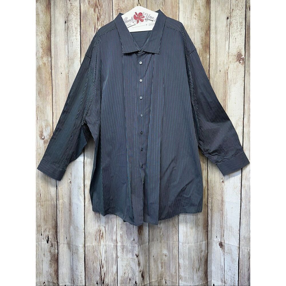 6XL SYNRGY Men Long Sleeve Collared Blue Black Striped Button Front Cotton Shirt